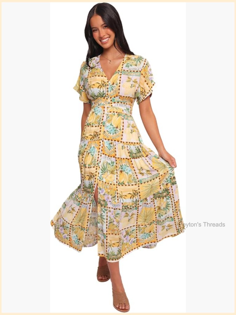Short Sleeve Maxi Dress With Shirred Back, V-Neck, A-Line Silhouette